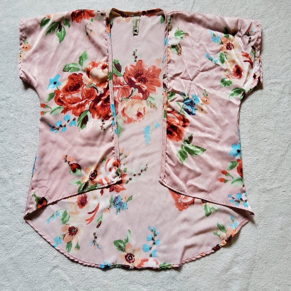 Pomelo Open Front Cardigan Kimono Toddler 3T Layer Pink Floral Small Made In USA